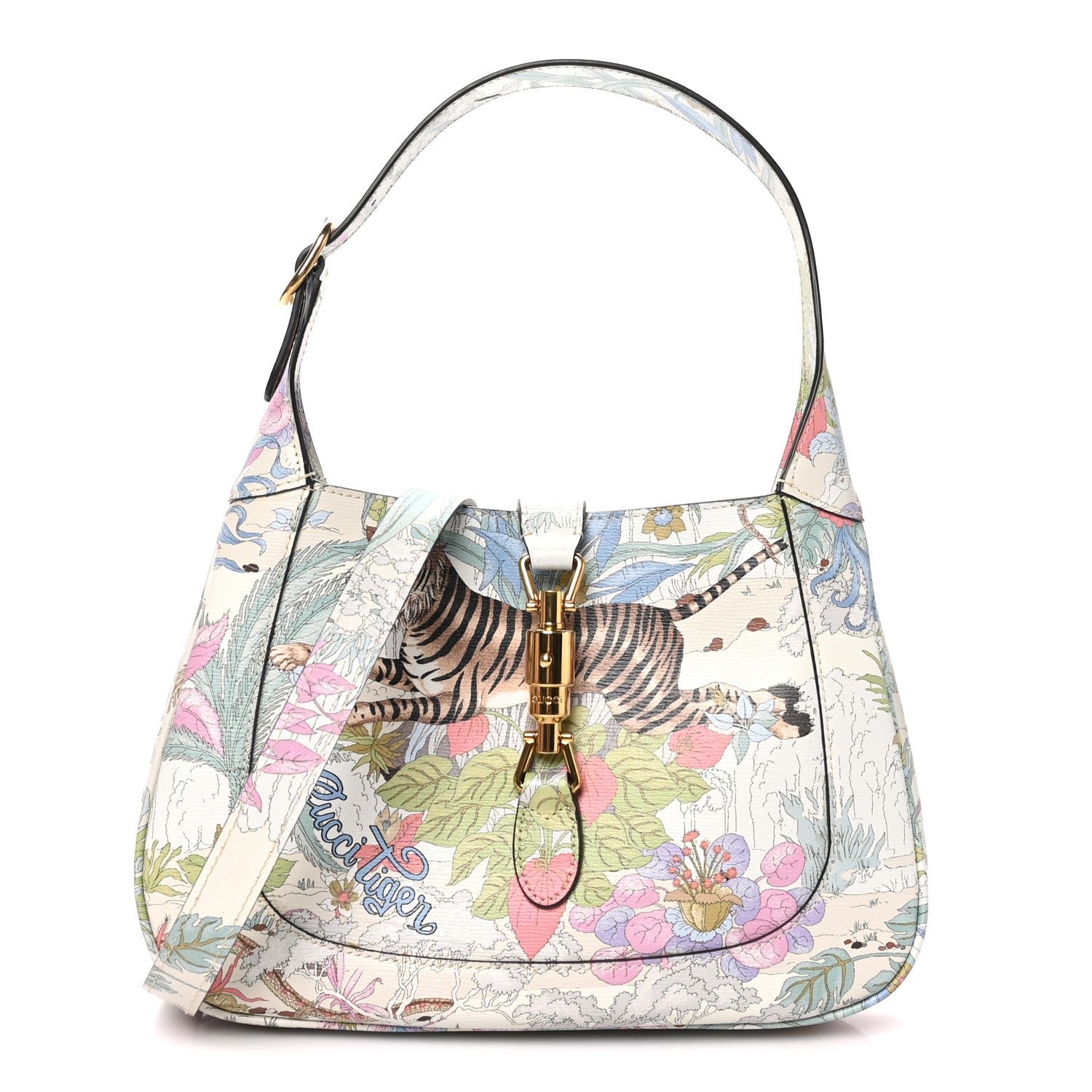 Gucci New Shangai Calfskin Tiger Savanah Small Jackie 1961 Hobo Chalky White Multicolor