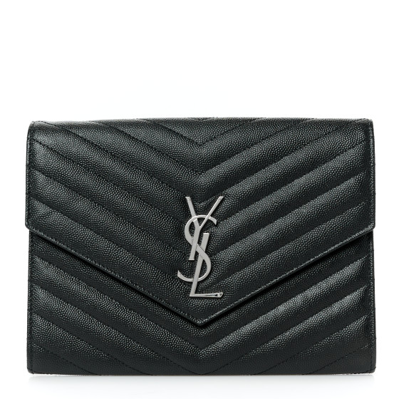 Saint Laurent Grain De Poudre Matelasse Chevron Monogram Envelope Clutch Black