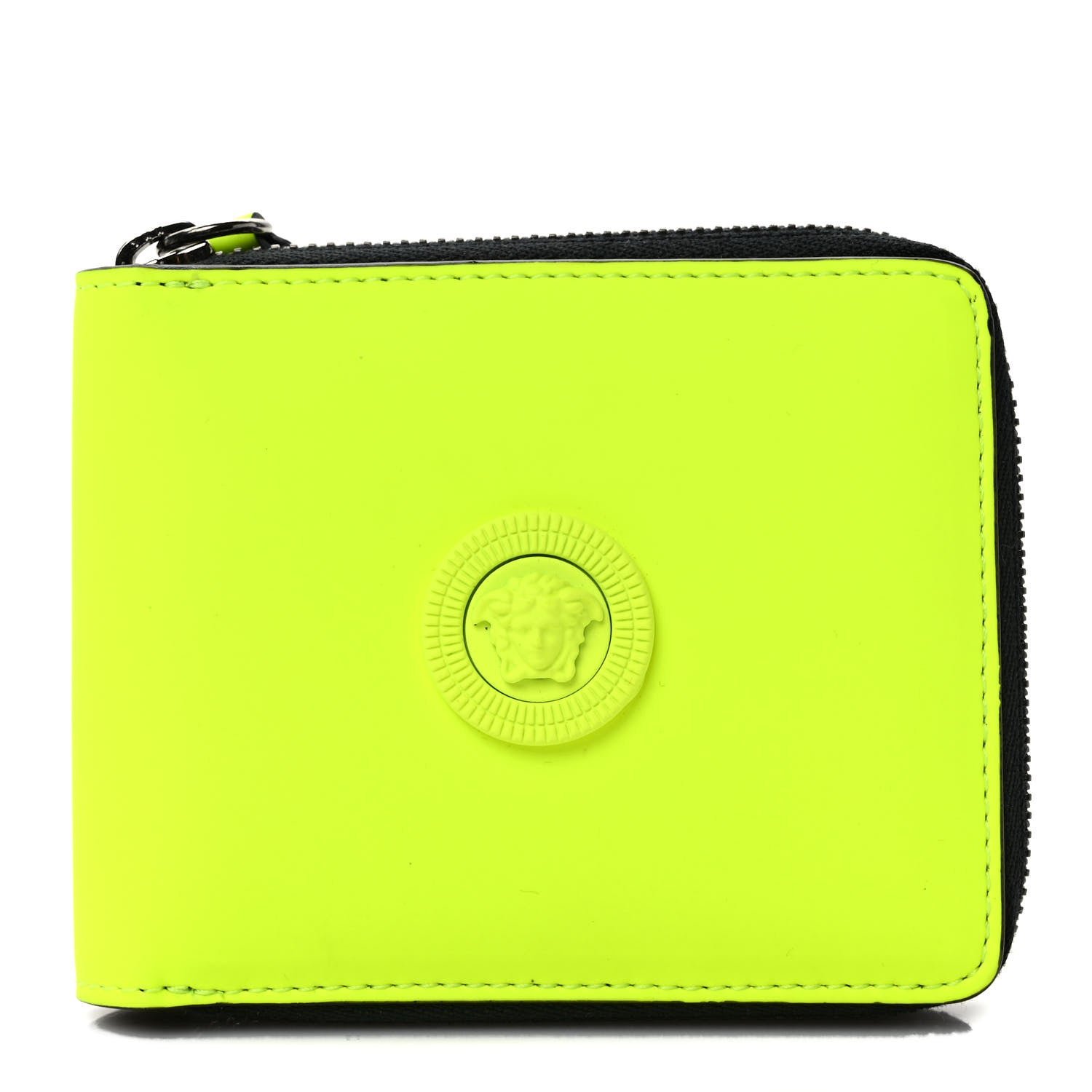 Versace Calfskin Rubber Medusa Biggie Bifold Compact Zip Around Wallet Fluorescent Yellow