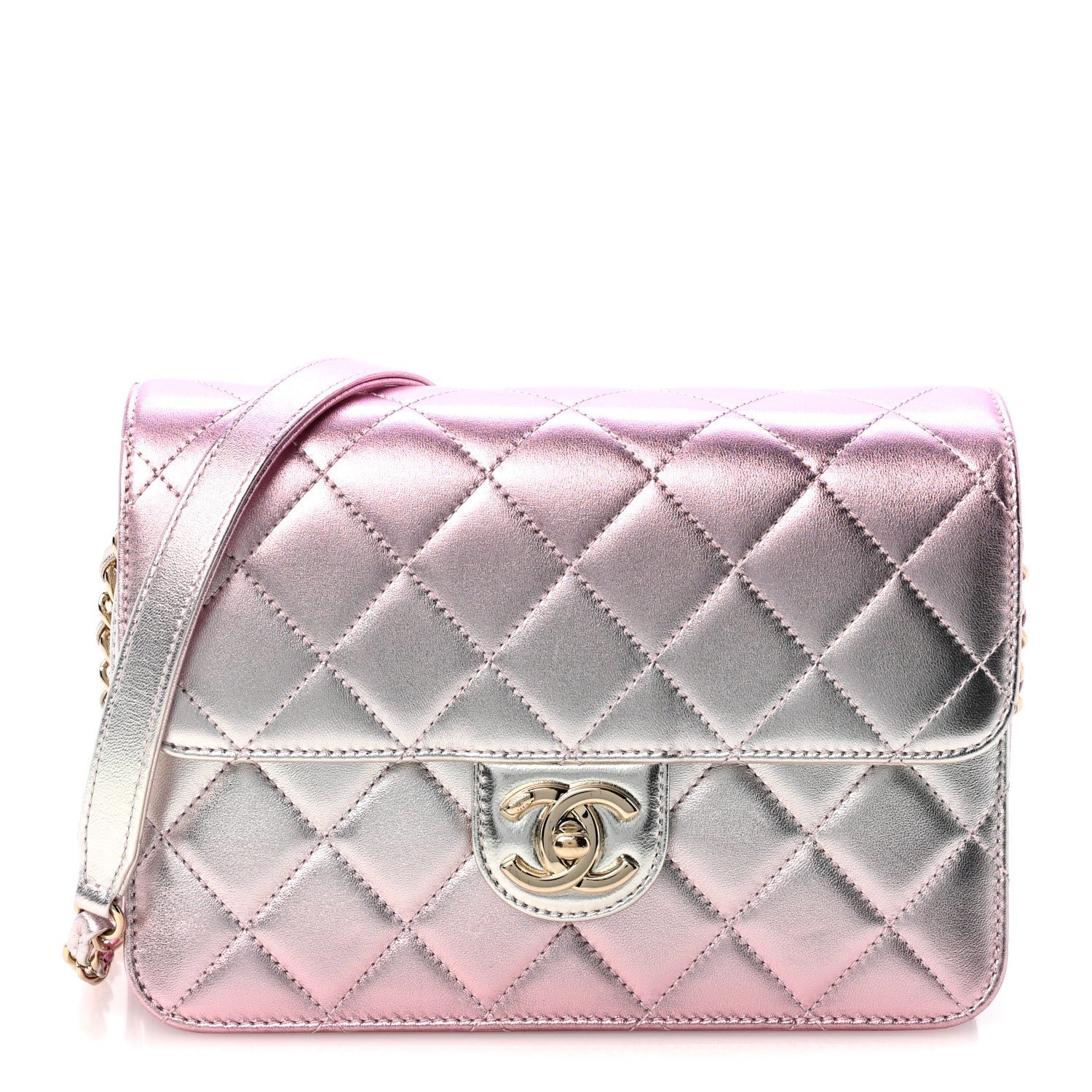 Chanel Metallic Lambskin Quilted Large Like A Wallet Flap Golden Pink