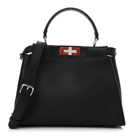 Fendi Vitello Seta Shiny Nappa Medium Peekaboo Iconic Satchel Blue Notte Ardesia