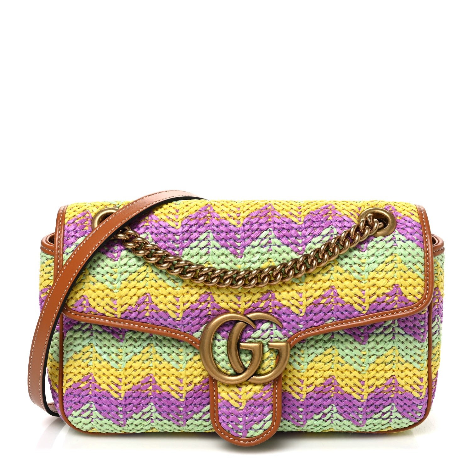 Gucci Calfskin Raffia Woven Small GG Marmont Shoulder Bag Multicolor