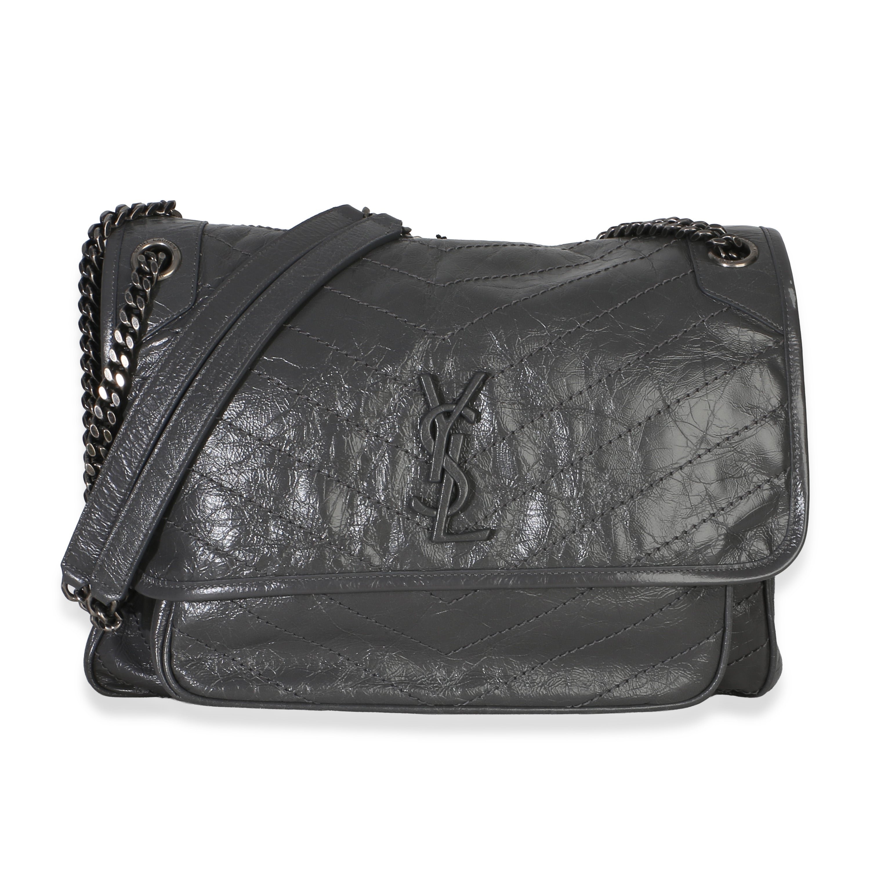 Grey Crinkled Calfskin Matelasse Large Niki Chain Satchel