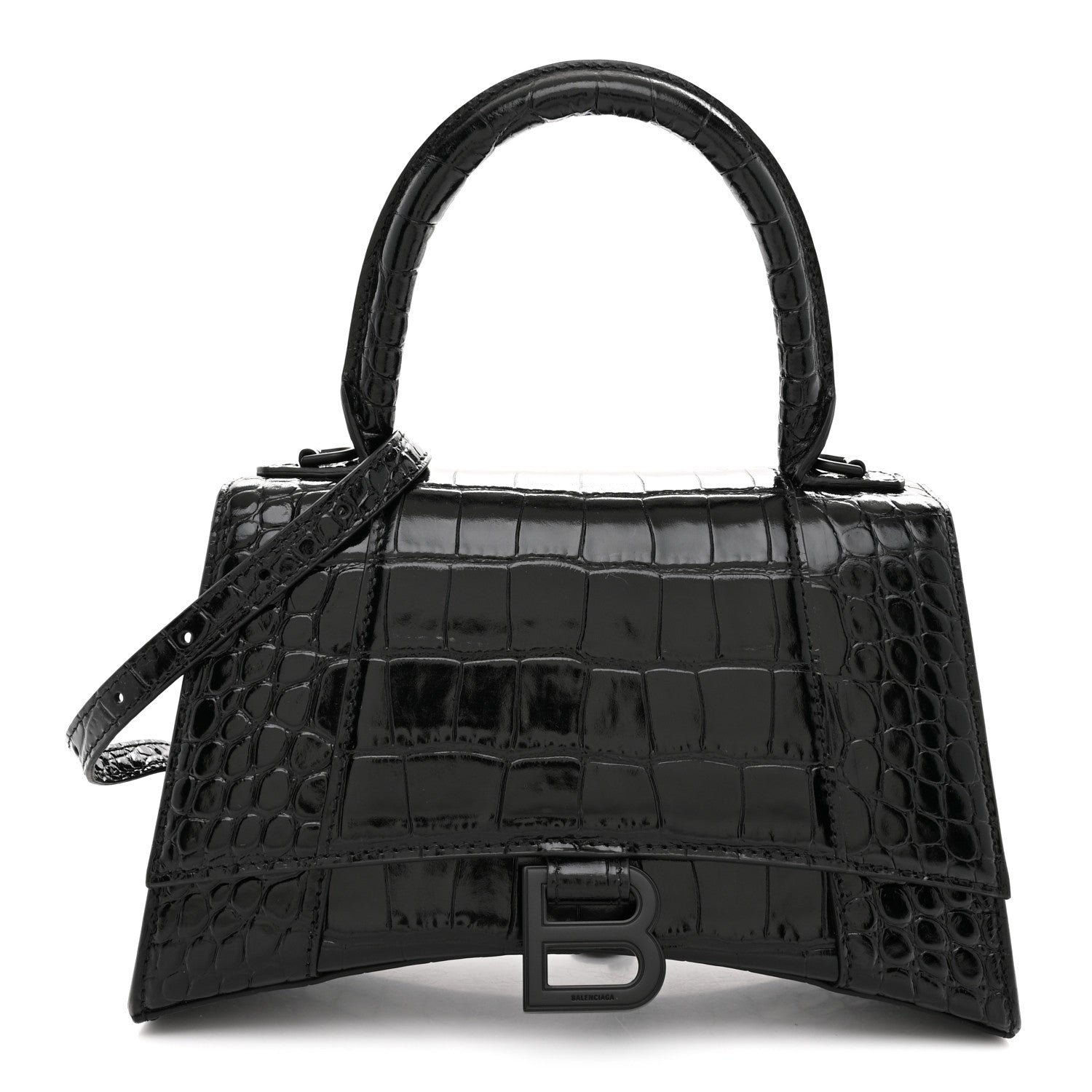 Balenciaga Shiny Calfskin Monochrome Crocodile Embossed Small Hourglass Top Handle Bag Black