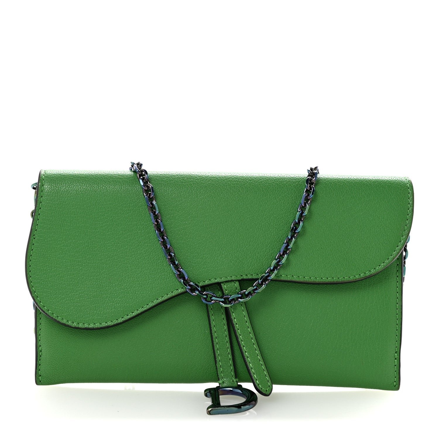 Christian Dior Goatskin Saddle Chain Wallet Pouch Bright Green