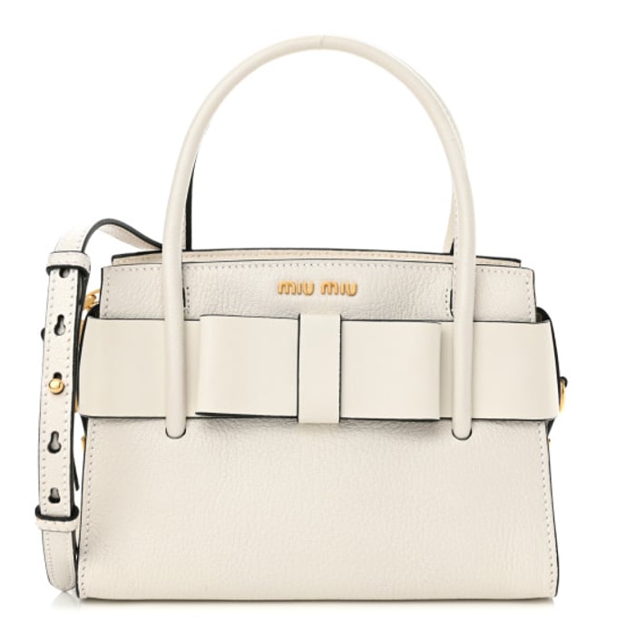 Miu Miu Goatskin Madras Fiocco Small Bow Top Handle Tote White