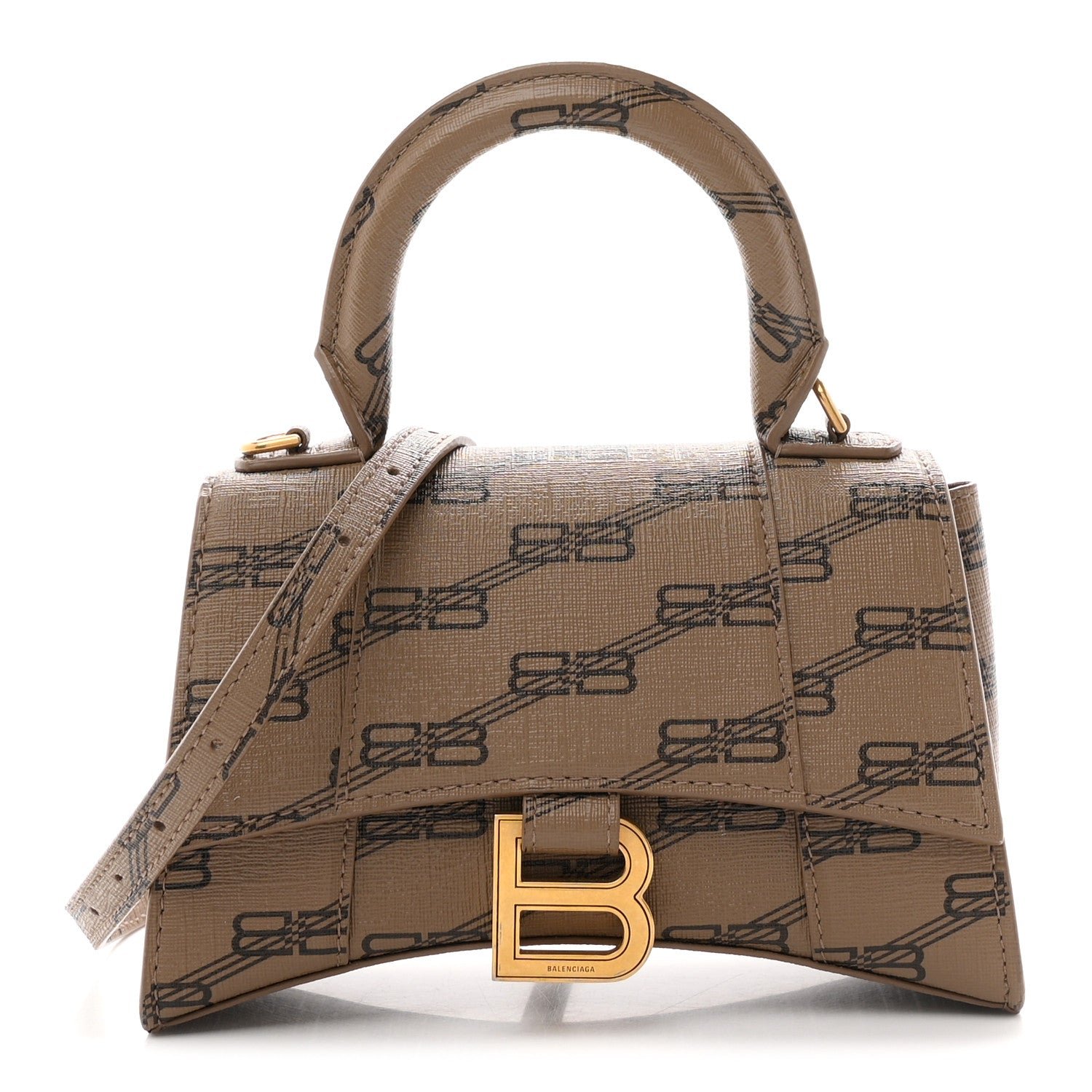 Balenciaga Coated Canvas BB Monogram Hourglass Top Handle Bag XS Beige Brown