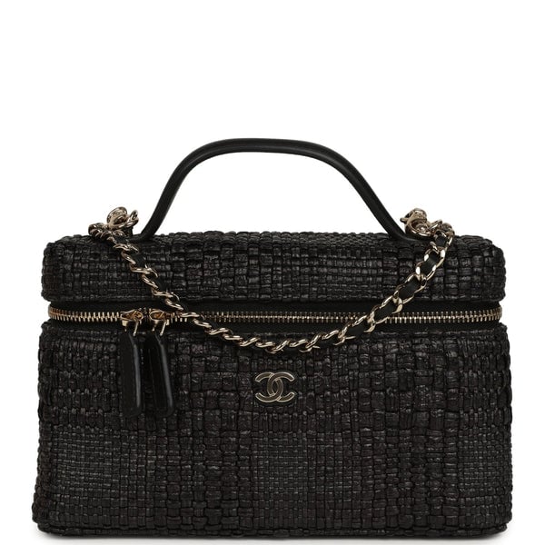 Chanel Top Handle Long Vanity Case with Chain Black Braided Raffia Light Gold Hardware