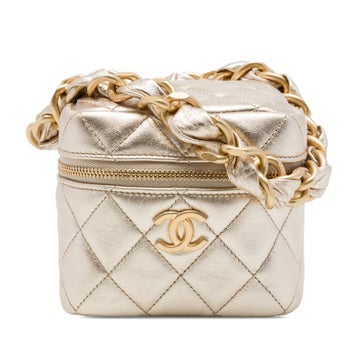 CC Quilted Metallic Lambskin Cube Zip Clutch with Chain