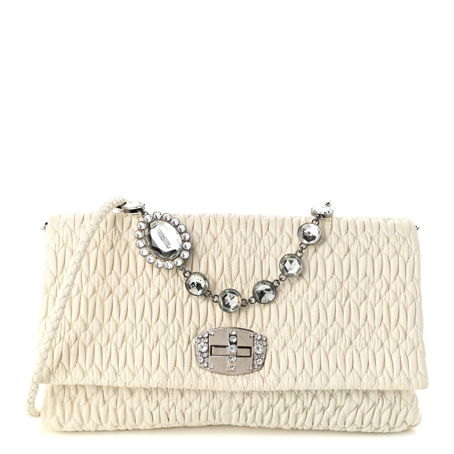 Miu Miu Miu Miu Nappa Matelasse Crystal Flap Clutch White