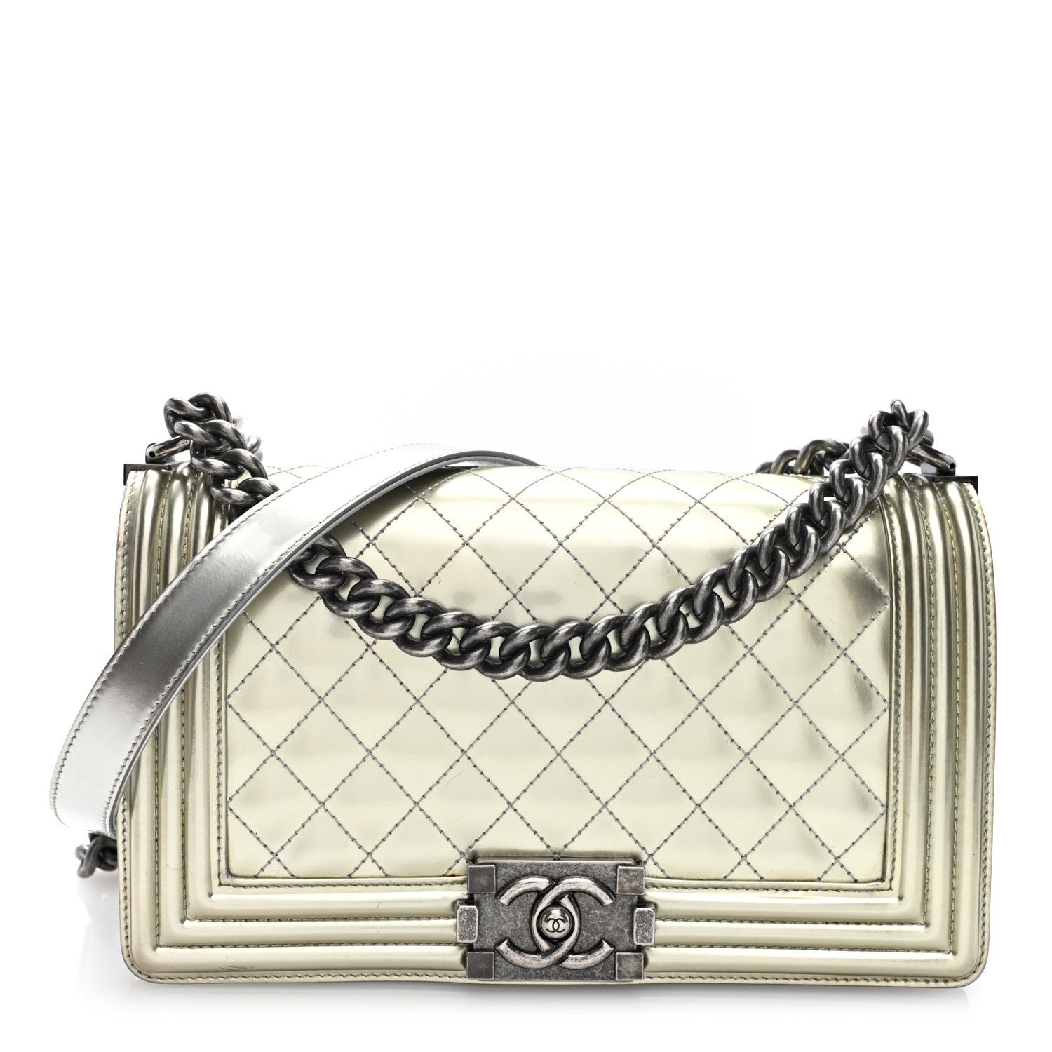 Chanel Metallic Patent Calfskin Quilted Medium Boy Flap Silver