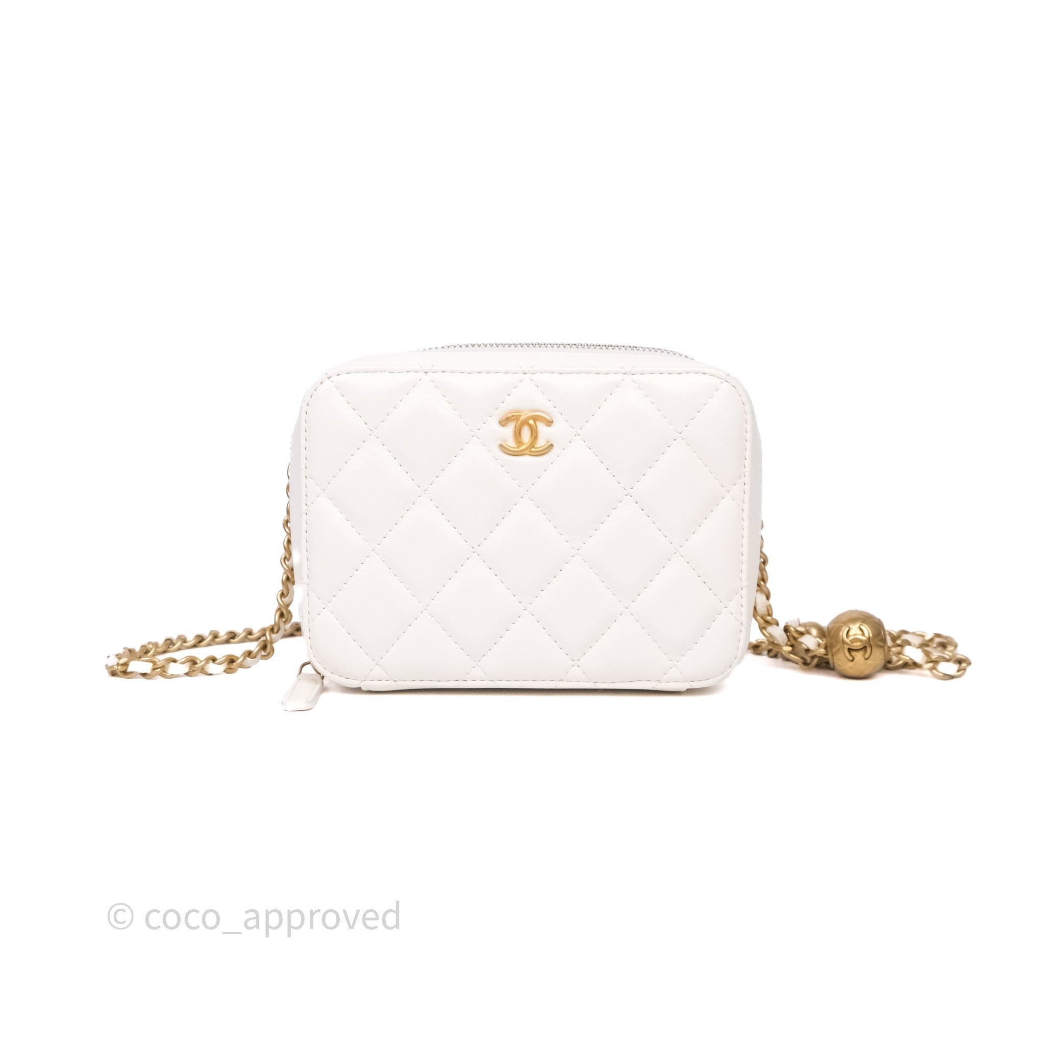 Chanel Quilted CC Pearl Crush Camera Case White Lambskin Aged Gold Hardware