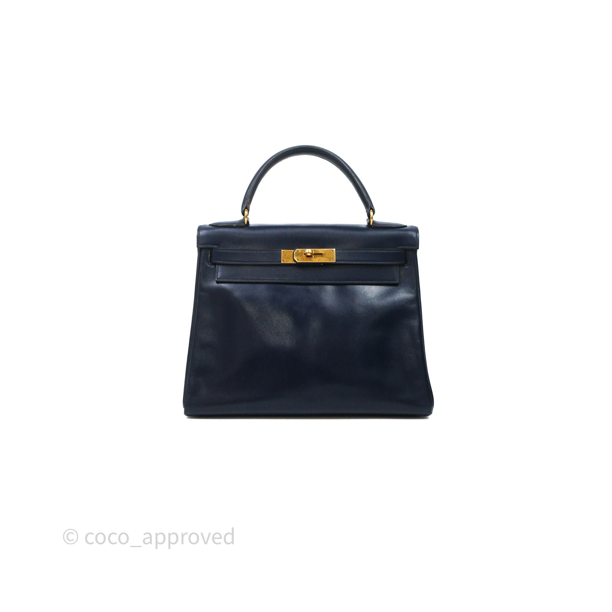 Hermès Vintage Kelly 28 Retourn Navy Box Leather Gold Hardware