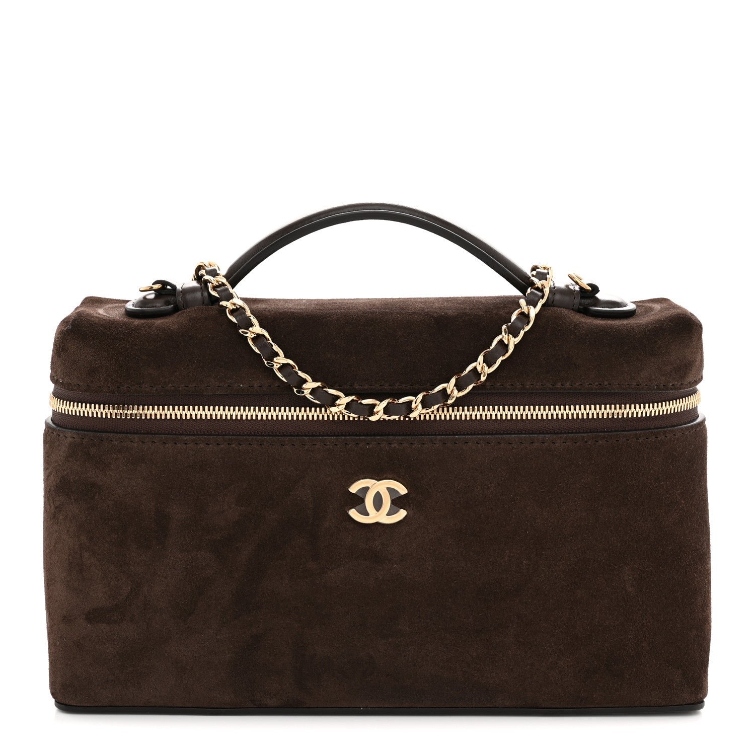 Chanel Suede Calfskin Supple Trapeze Vanity With Chain Dark Brown