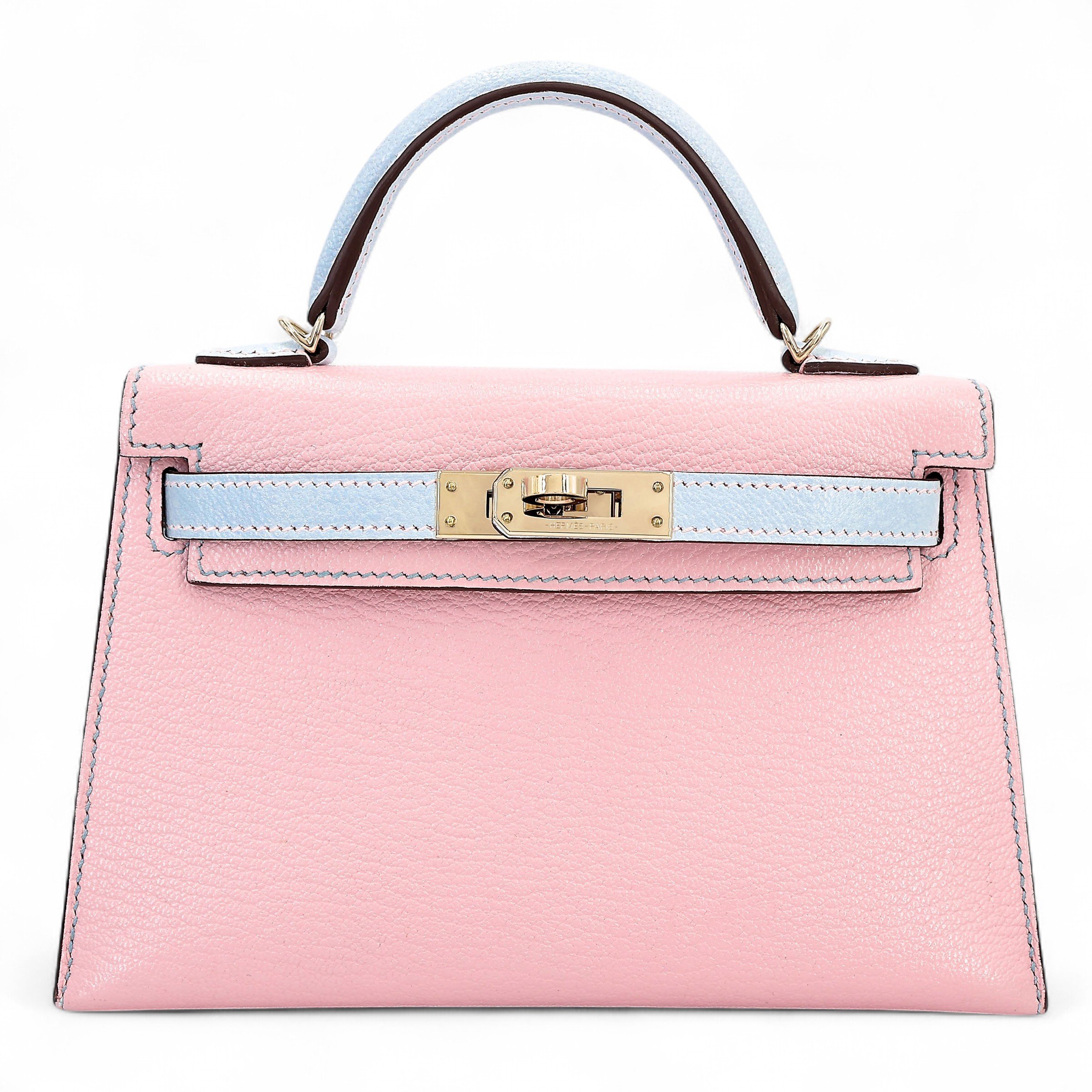 Hermes Very Good ( Rank A) HERMÈS Special Order Mini Kelly II HSS Rose Sakura (3Q) Bleu Brume (T0) Chevre Gold hardware B (2023)