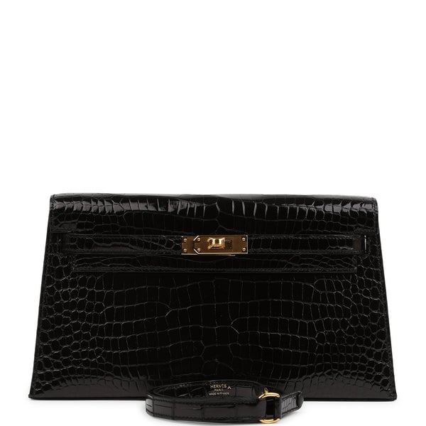 Hermes Hermes Kelly Elan Black Shiny Porosus Crocodile Gold Hardware