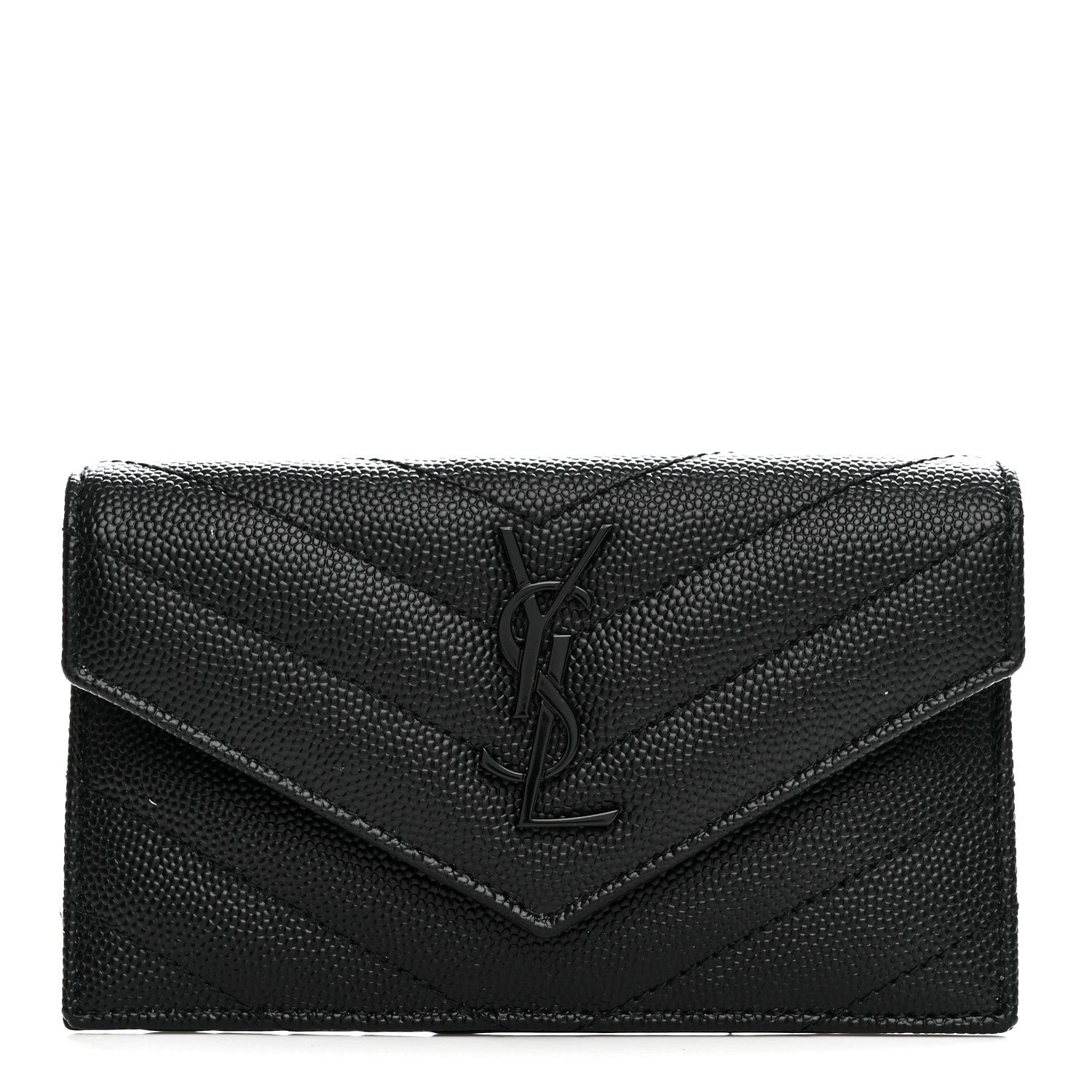Saint Laurent Grain De Poudre Matelasse Chevron Monochrome Flap Zippered Card Case Black