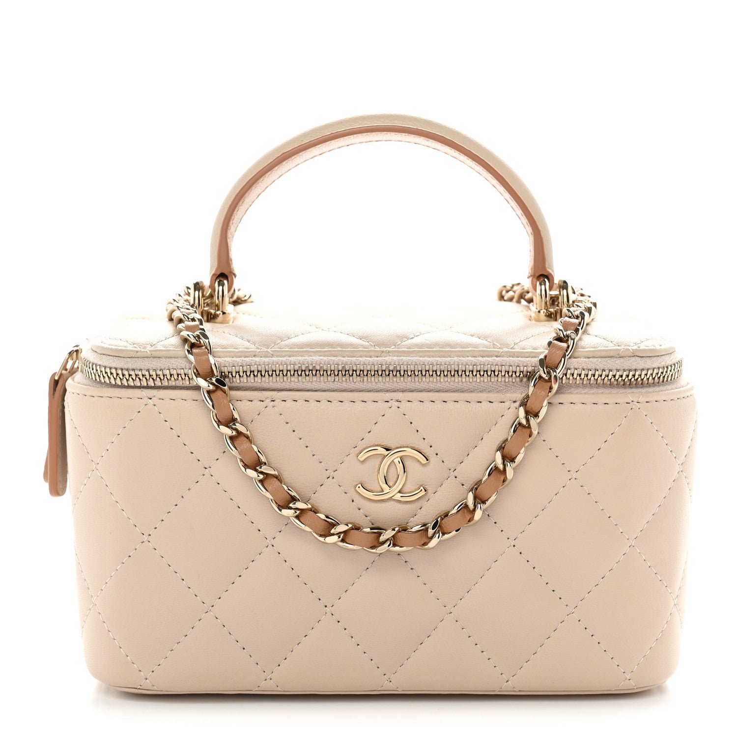Chanel Lambskin Quilted Small Top Handle Vanity Case With Chain Ecru Dark Beige