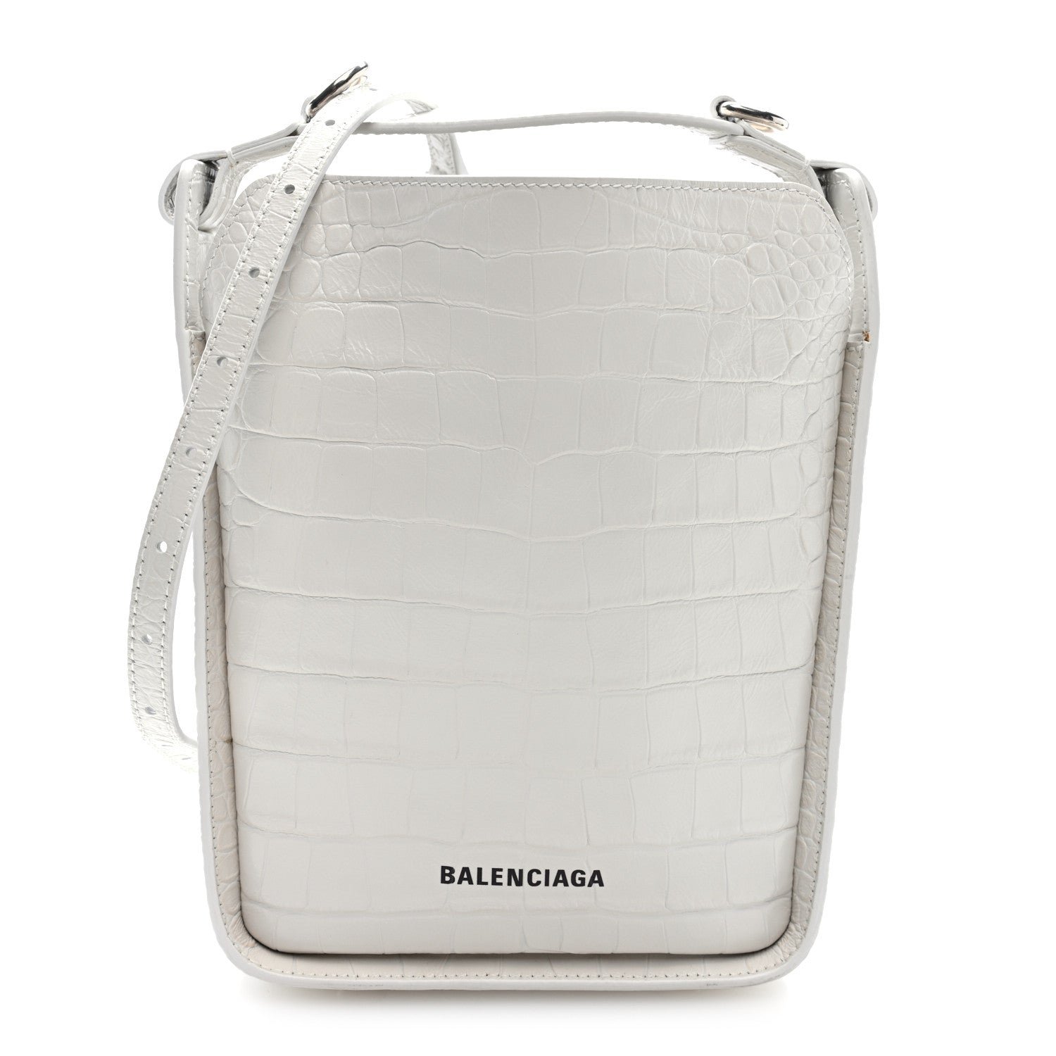 Balenciaga Calfskin Logo Crocodile Embossed XS Tool 2.0 North-South Tote White Black
