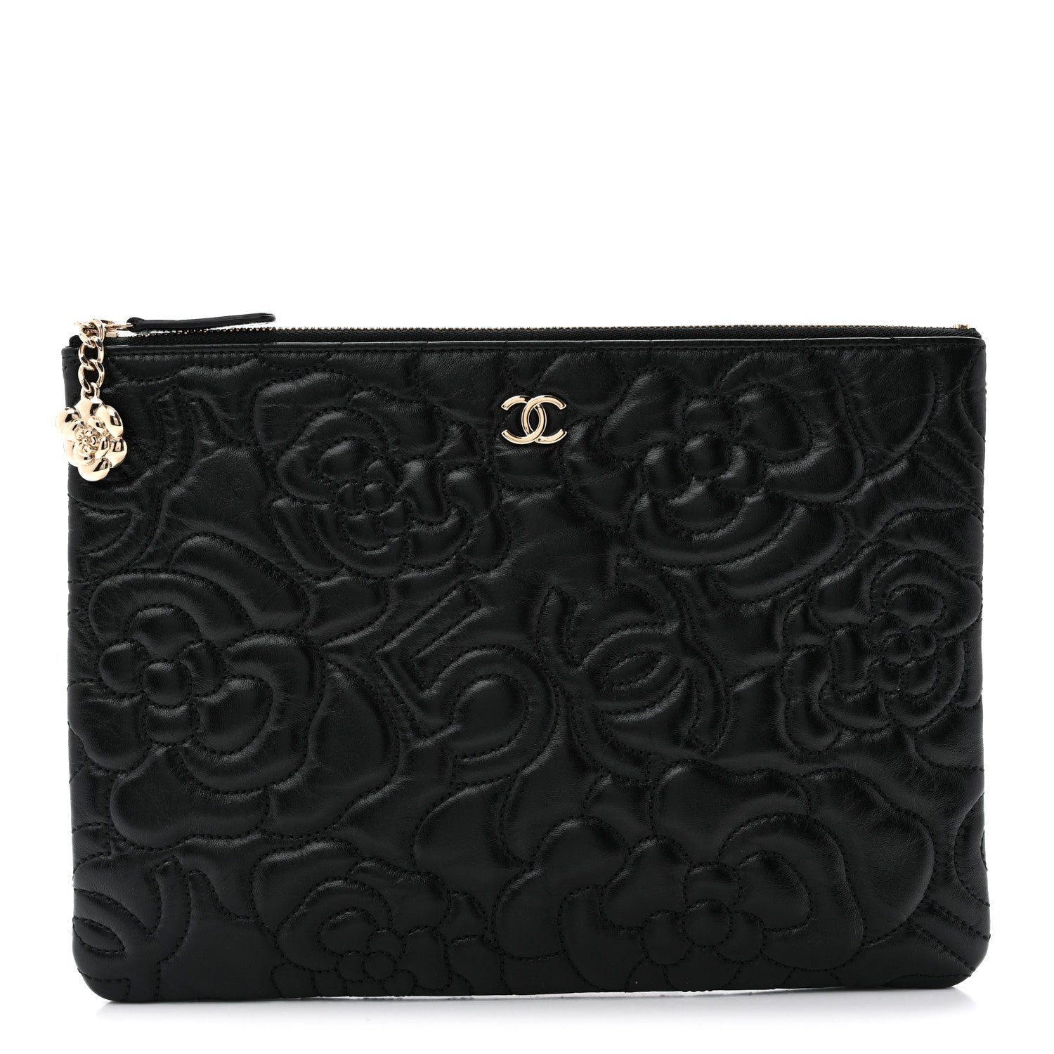 Chanel Calfskin Camellia Embossed Quilted Medium Cosmetic Case Black