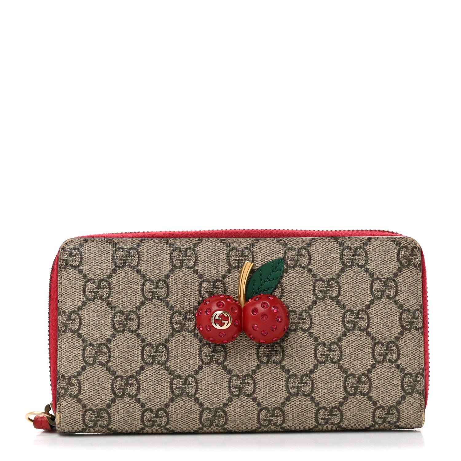 Gucci GG Supreme Monogram Cherries Zip Around Wallet Hibiscus Red