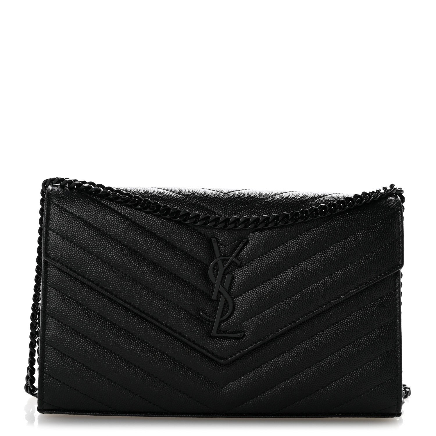 Saint Laurent Grain De Poudre Matelasse Chevron Monogram Monochrome Chain Wallet Black