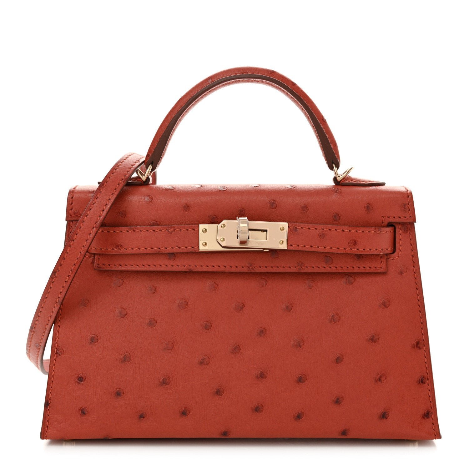 Hermes Ostrich Horseshoe Kelly Sellier Mini 20 Cuivre Rose Extreme