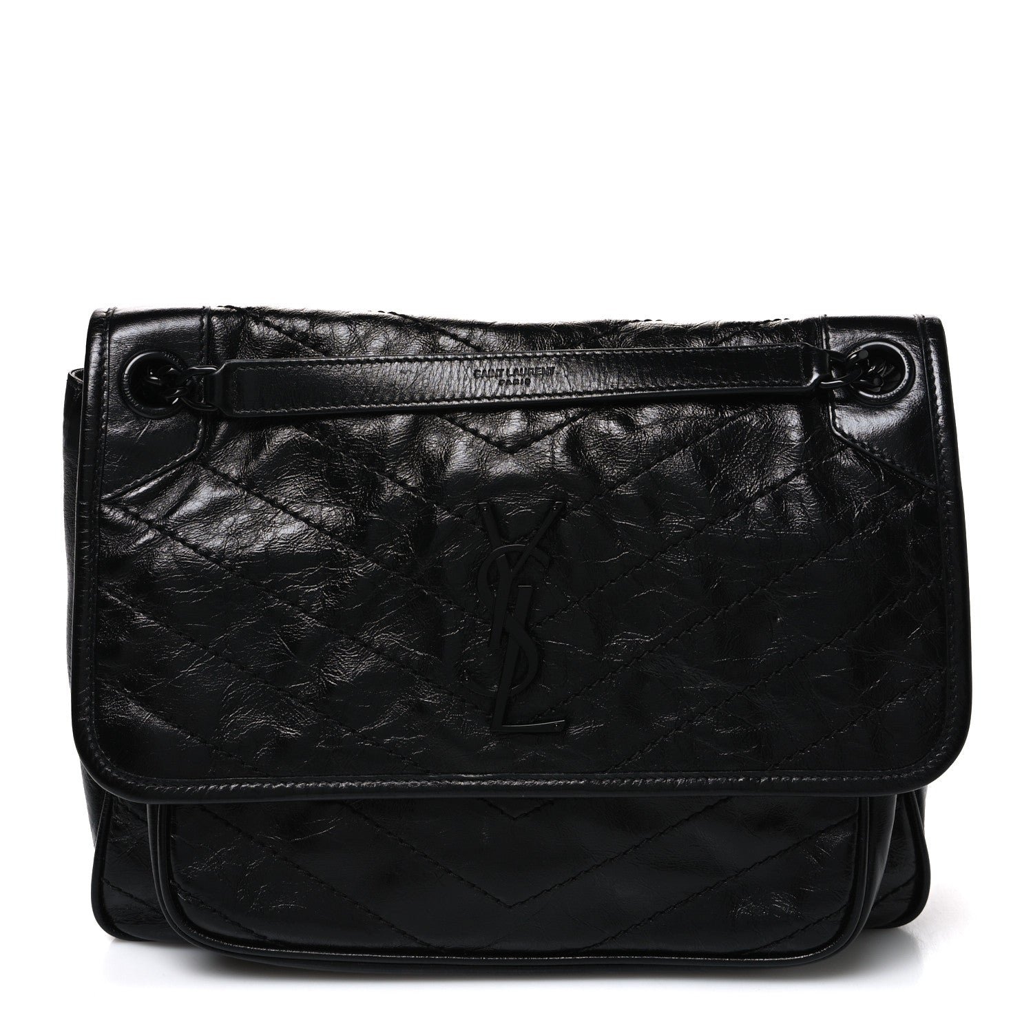 Saint Laurent Crinkled Calfskin Matelasse Monogram Medium Niki Chain Satchel Black