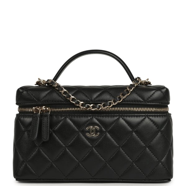 Chanel Top Handle Long Vanity Case with Chain Black Lambskin Light Gold Hardware