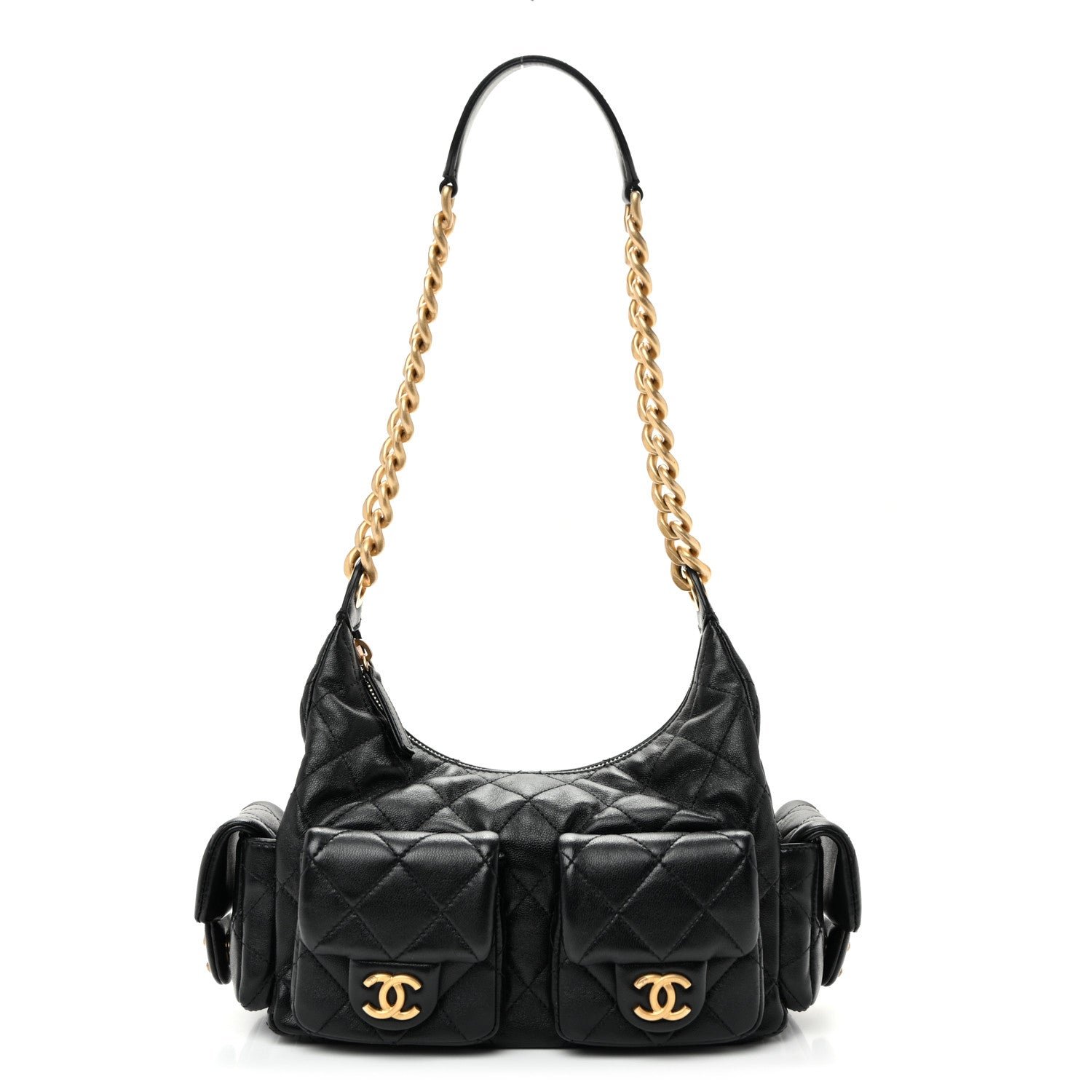 Chanel Shiny Lambskin Quilted Trendy Pockets Hobo Black