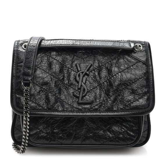 Saint Laurent Crinkled Calfskin Matelasse Monogram Baby Niki Chain Satchel Black