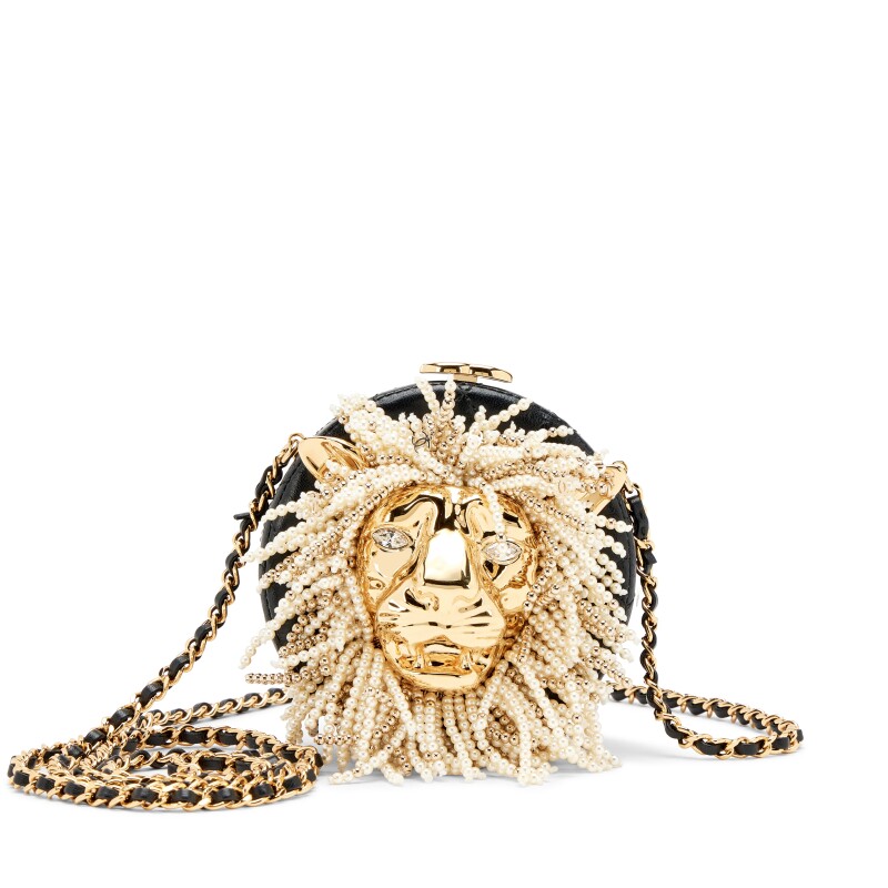 Black Quilted Lambskin Imitation Pearl Crystal Lion Round Minaudière Clutch Gold Hardware, 2023
