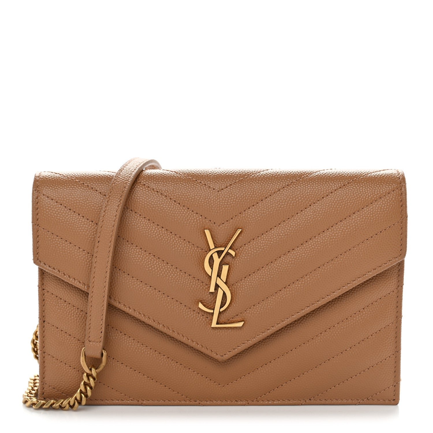 Saint Laurent Grain De Poudre Matelasse Chevron Monogram Envelope Chain Wallet Dune