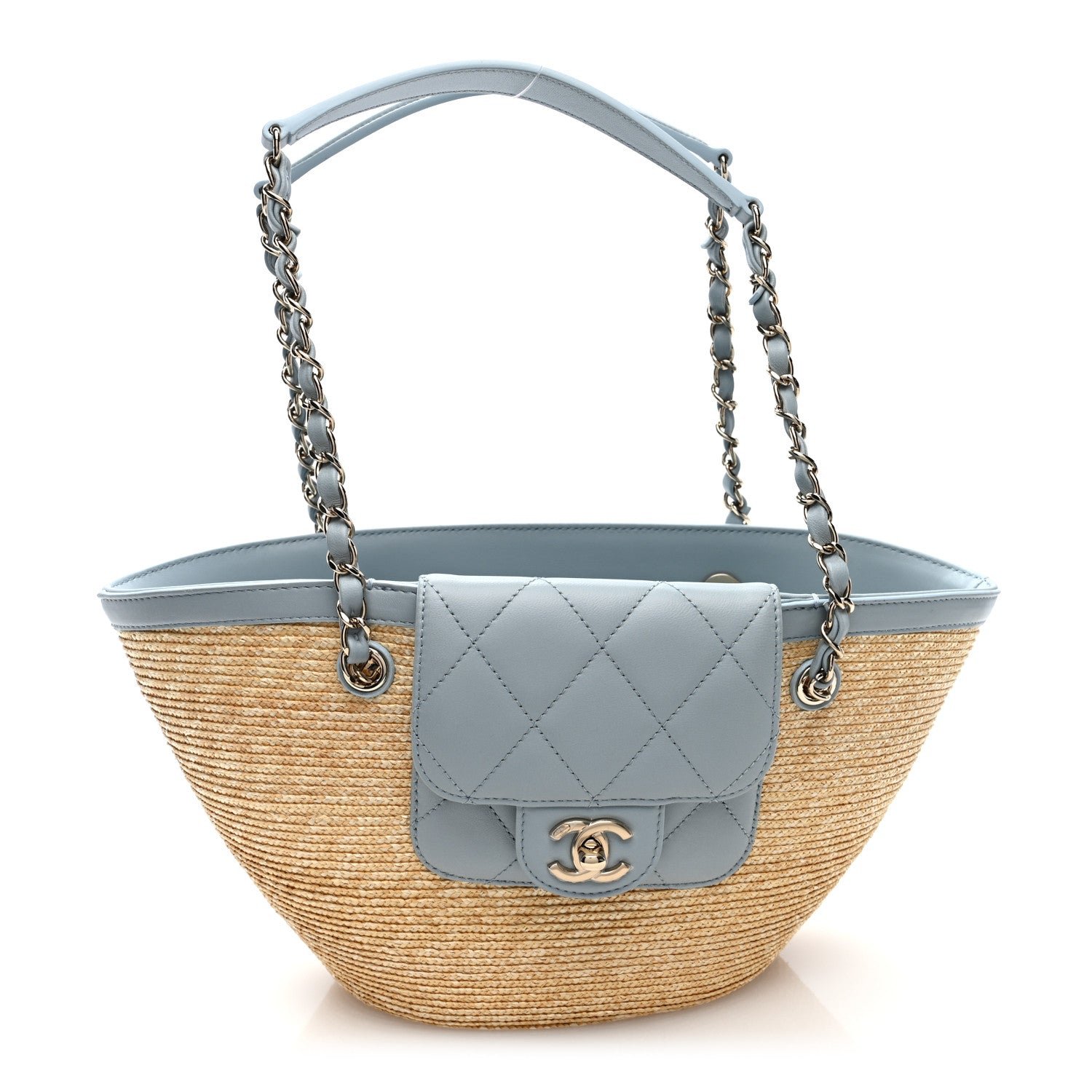 Chanel Raffia Braided Lambskin Small Wicker Tote Beige Light Blue