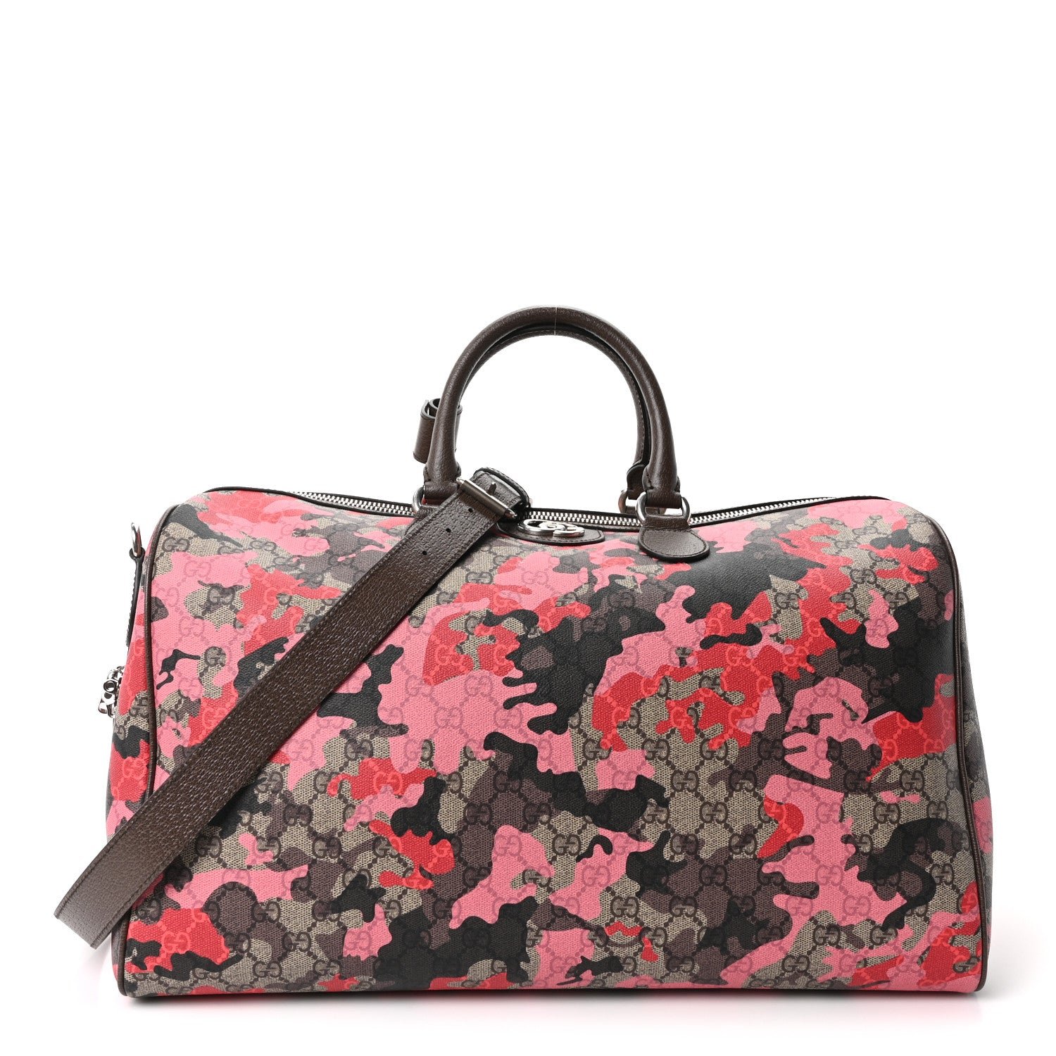 Gucci GG Supreme Monogram Camouflage Textured Dollar Calfskin Medium Savoy Duffle Bag Beige Pink Red