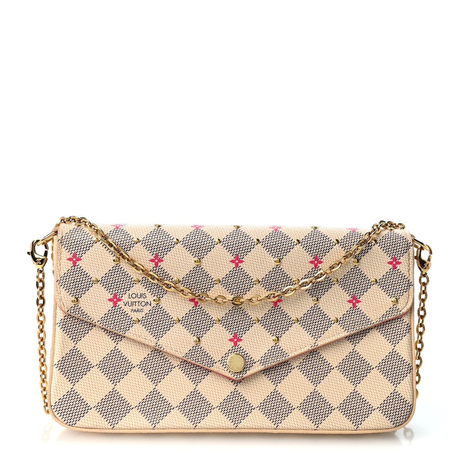 Louis Vuitton Damier Azur Studded Pochette Felicie Chain Wallet Fuchsia