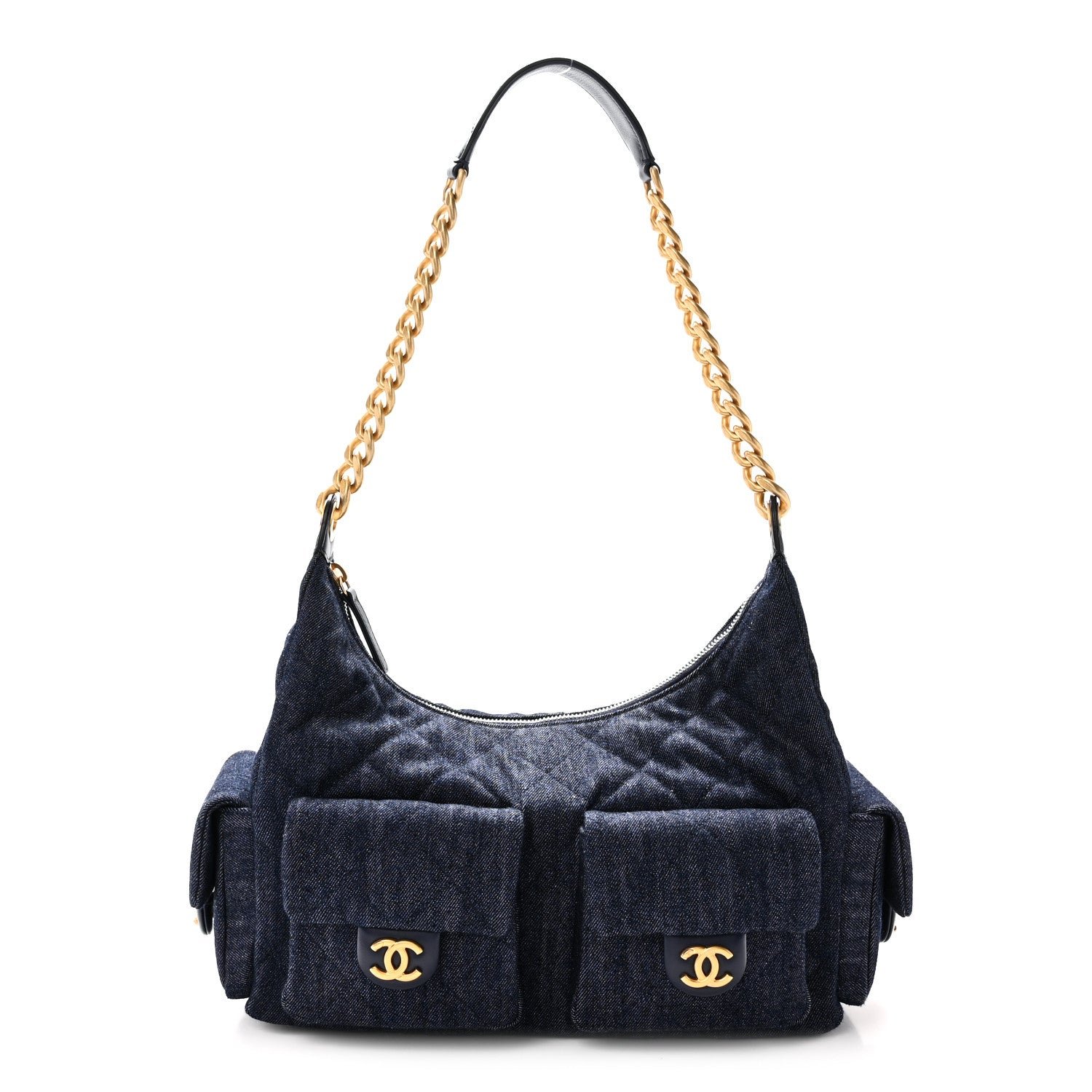 Chanel Washed Denim Quilted Large Trendy Pockets Hobo Dark Blue