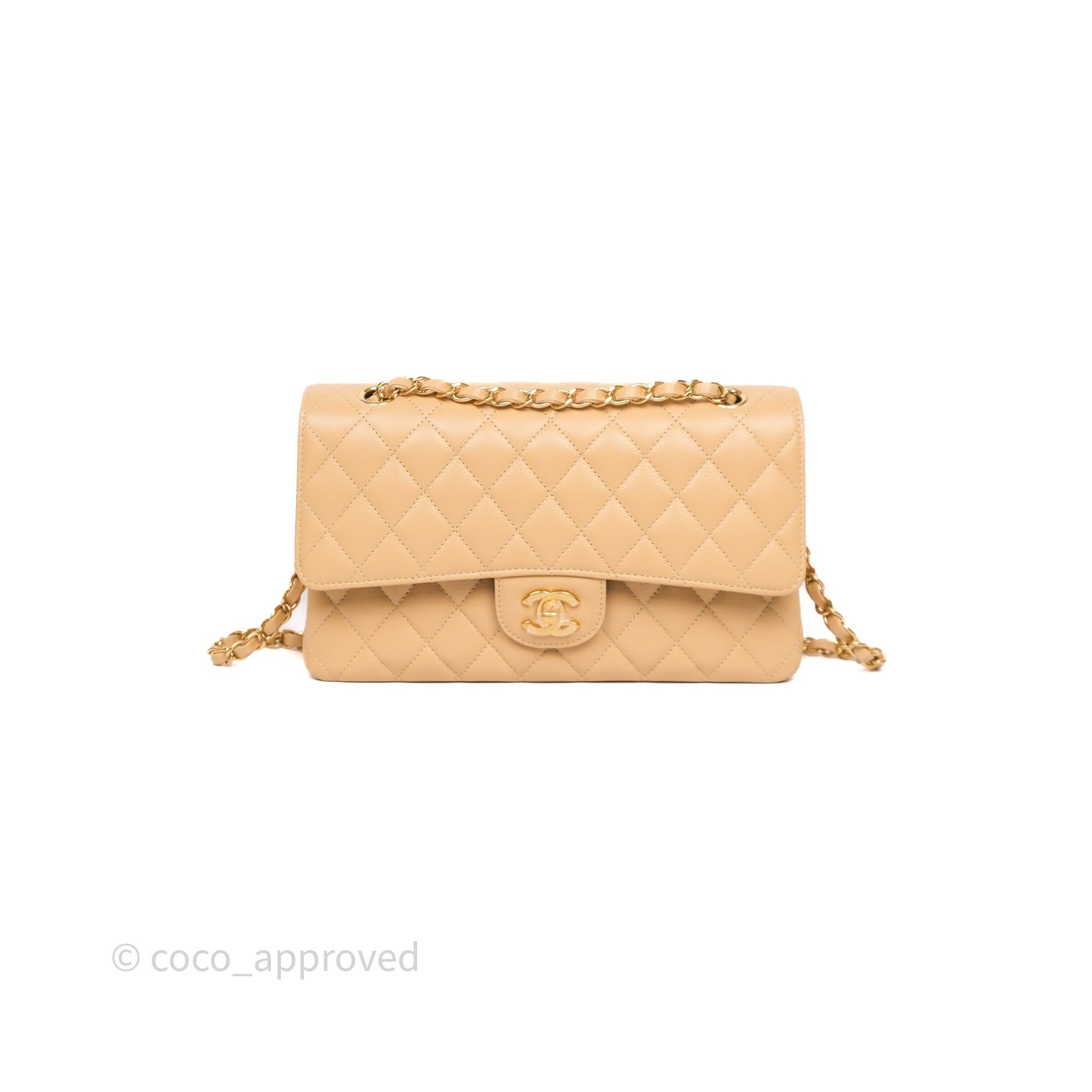 Chanel Classic M/L Medium Flap Quilted Beige Caviar Gold Hardware