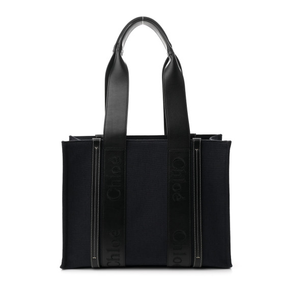 Chloe Calfskin Linen Medium Woody Tote Deep Denim