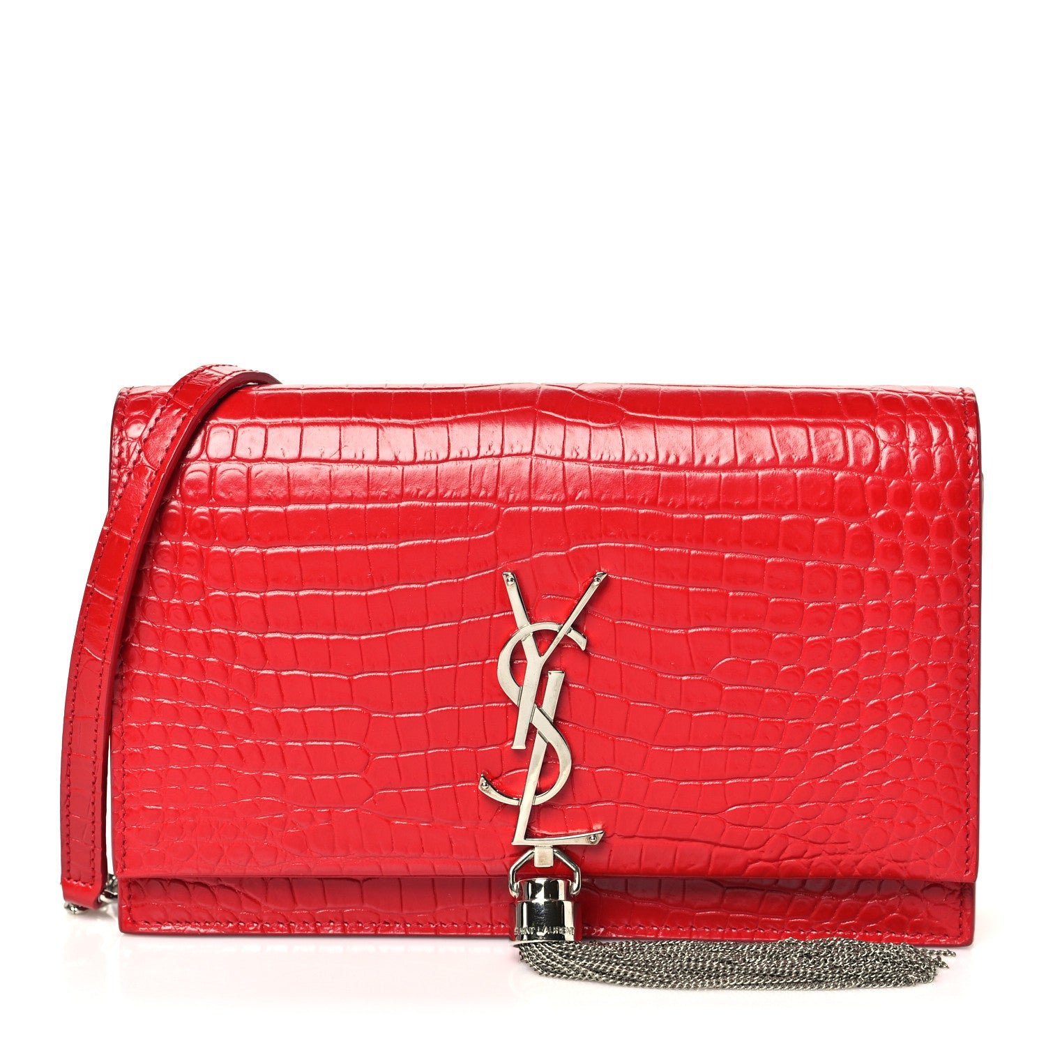 Saint Laurent Calfskin Crocodile Embossed Kate Monogram Tassel Chain Wallet Rouge Eros