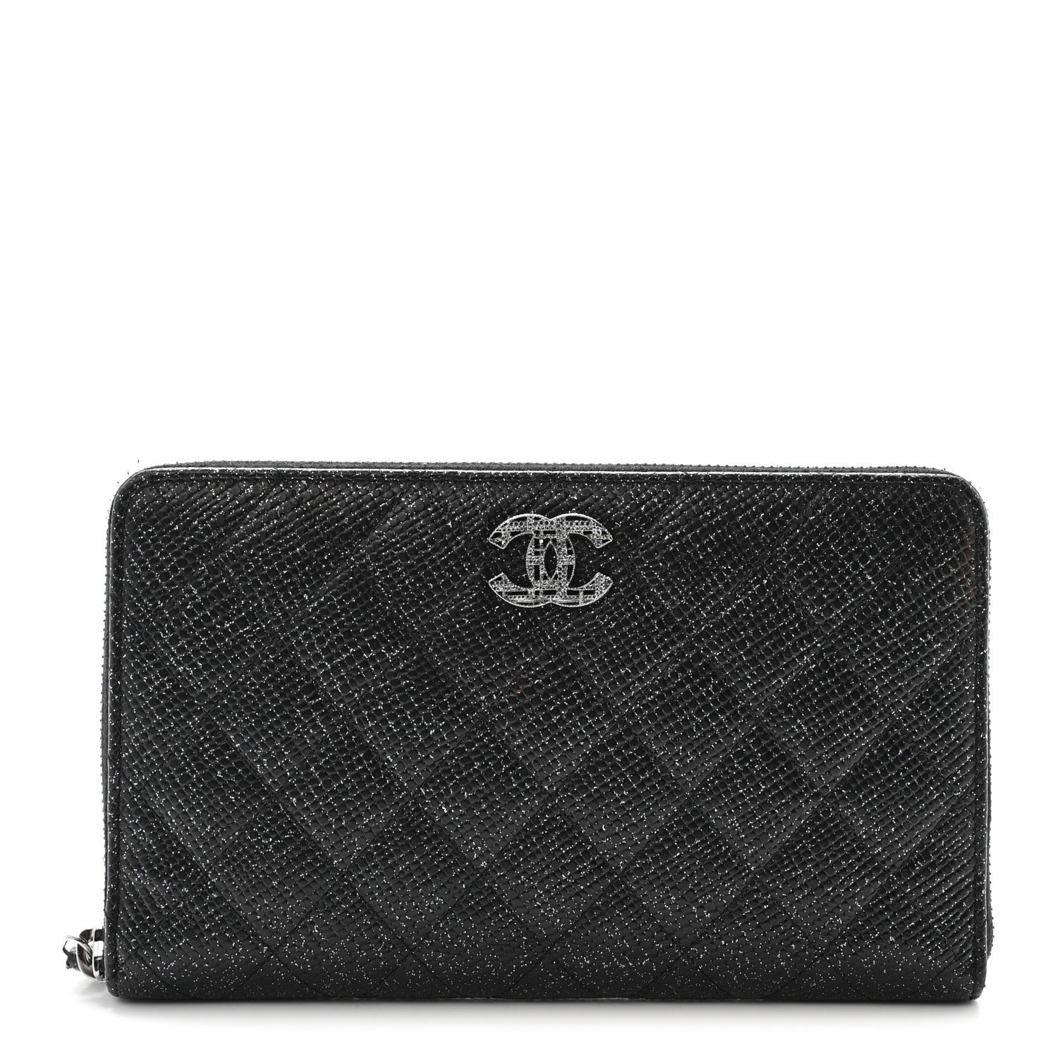 Chanel Glittered Calfskin Quilted Large Zip Around Organizer Wallet Black