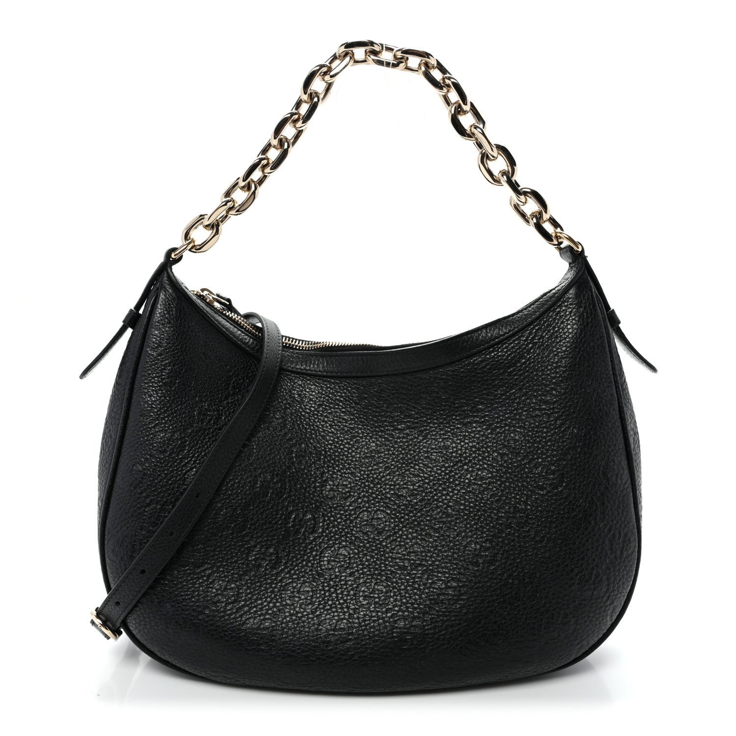Gucci GG Grainy Calfskin Emblem Large Half Moon Shoulder Bag Black