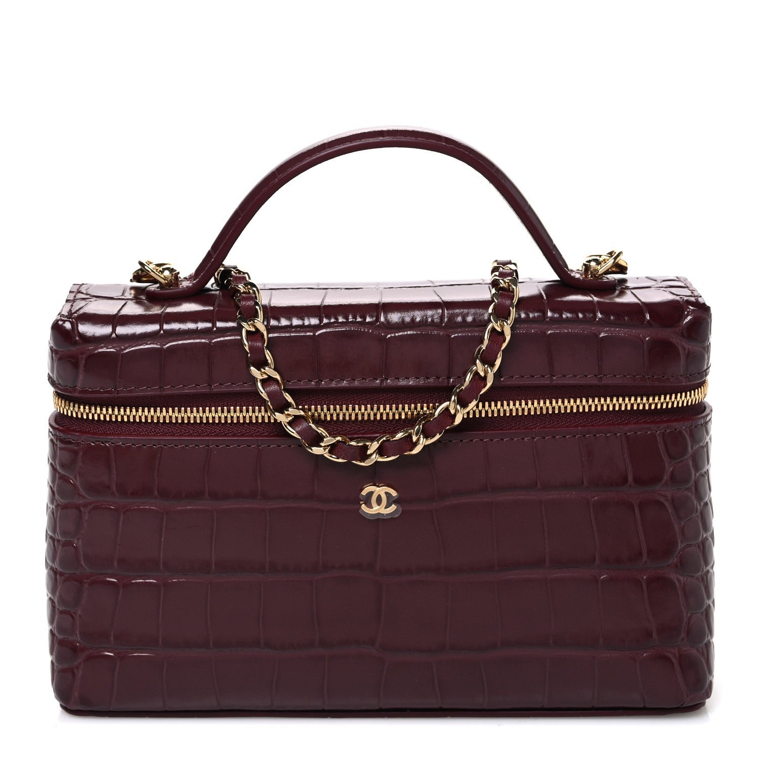Chanel Calfskin Crocodile Embossed Crococo Top Handle Slim Vanity Case With Chain Dark Burgundy