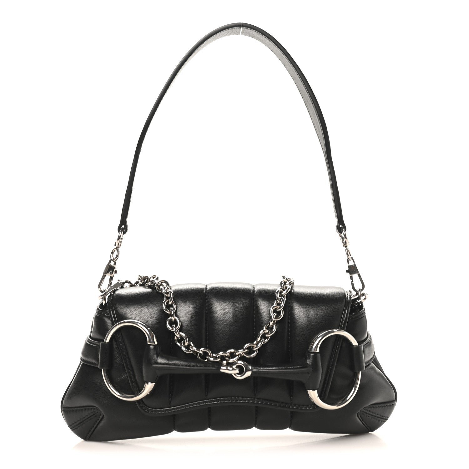 Gucci Nappa Vertical Matelasse Medium Maxi Horsebit Chain Shoulder Bag Black