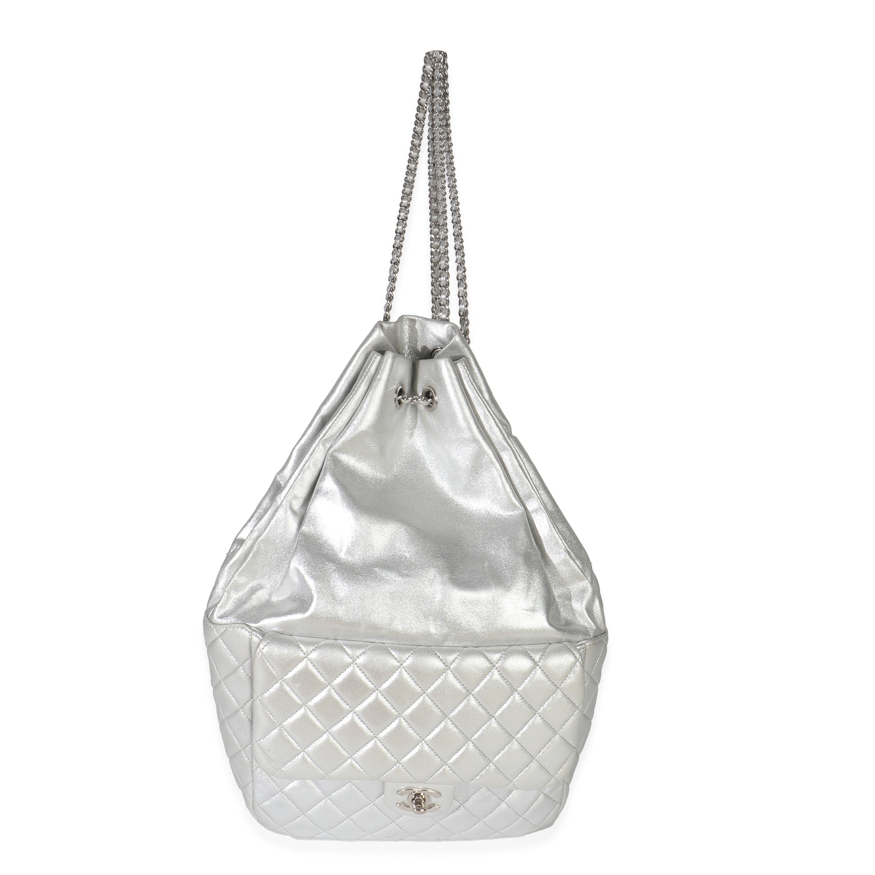 Chanel Silver Metallic Lambskin Seoul Drawstring Backpack