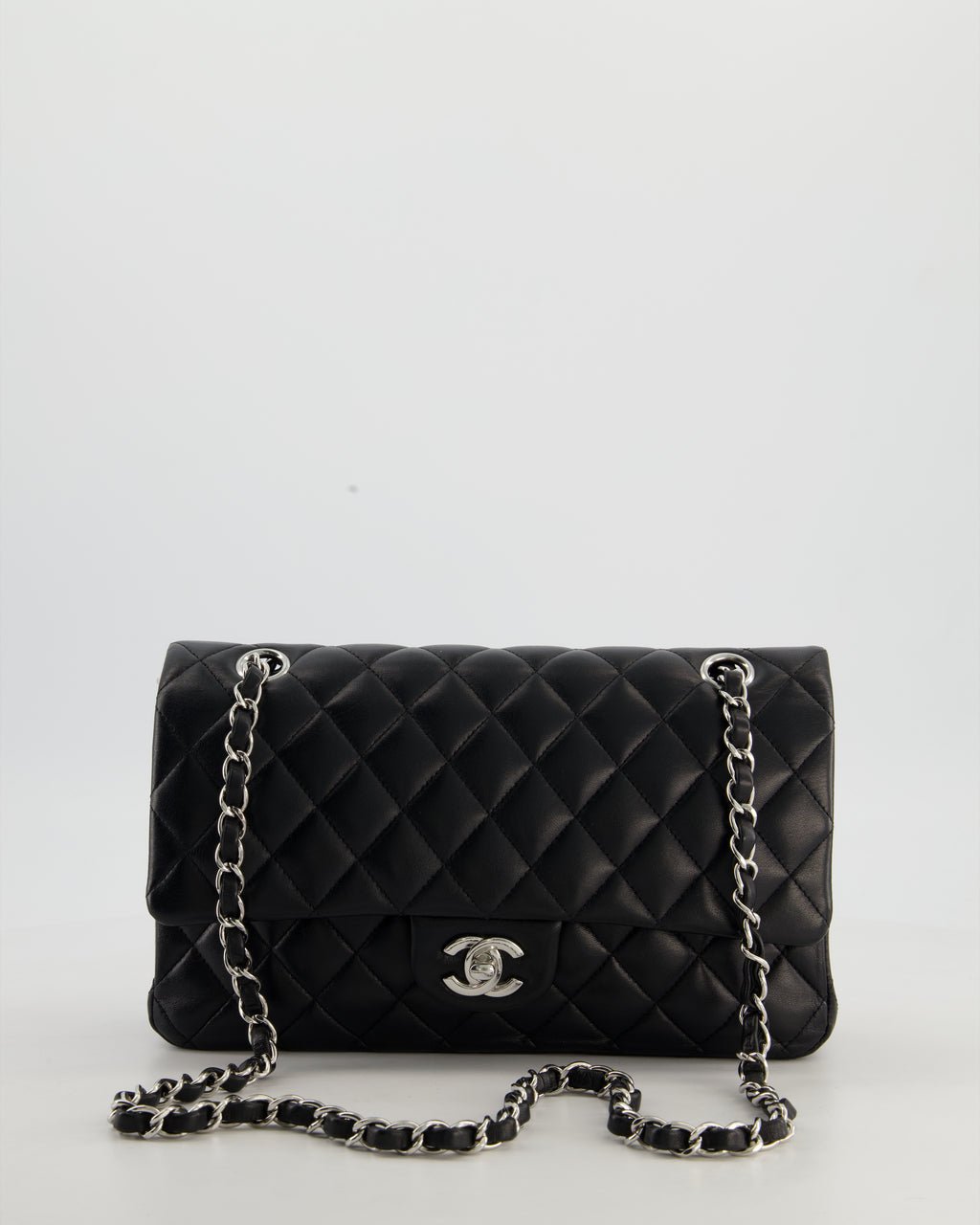 Chanel Black Medium Classic Double Flap Bag in Lambskin Leather with Silver Hardware