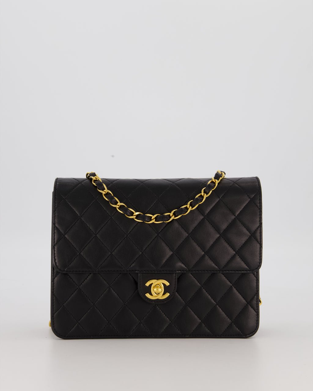 Chanel Vintage Small Square Single Flap Bag in Black Lambskin Leather with 24K CC Turn Lock Gold Hardware