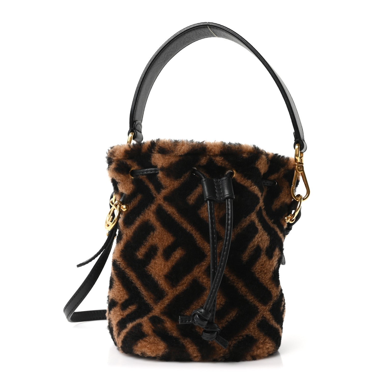 Fendi Shearling Vitello Dolce F is Fendi Macro FF 1974 Mini Mon Tresor Bucket Bag Tobacco Black
