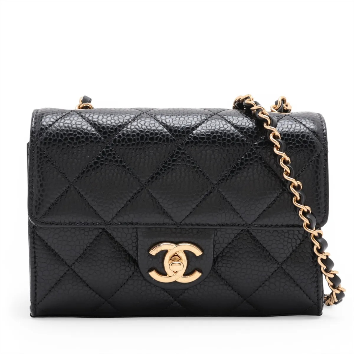 Chanel Mini Matelasse Caviar Skin Single Flap Single Chain Bag Black Gold Metal