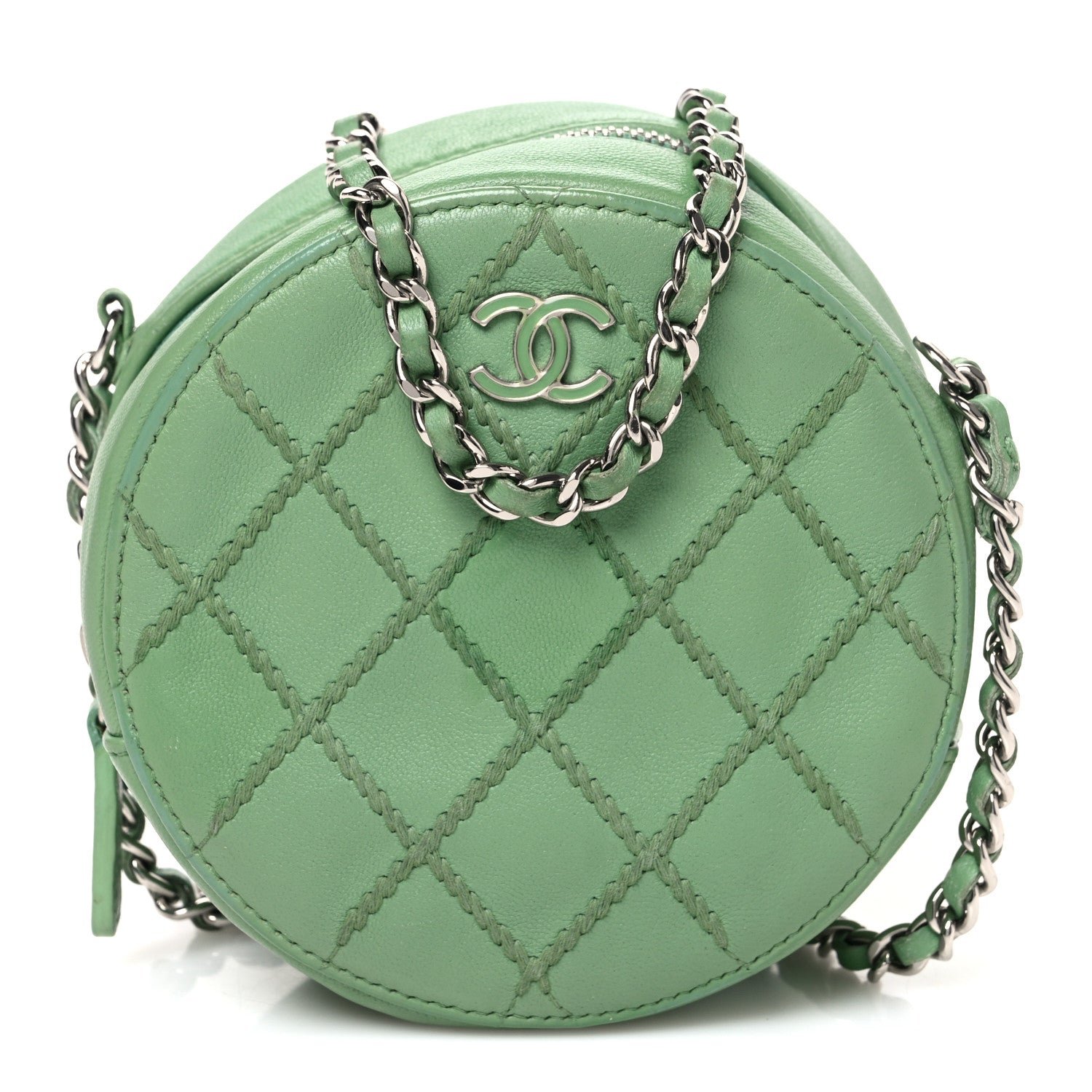 Chanel Lambskin Stitch Round Clutch With Chain Green